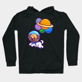 Cute Pug Dog Astronaut Floating With Planet Balloon Cartoon Hoodie